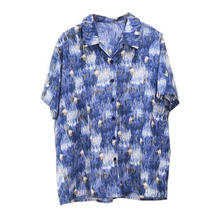 Vintage Blue Loose Short Sleeves Shirt - Modakawa Modakawa