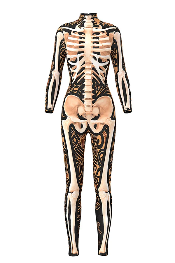 Fancy Full Body Skeleton Bodysuit Adult Halloween Costume Coffee-elleschic
