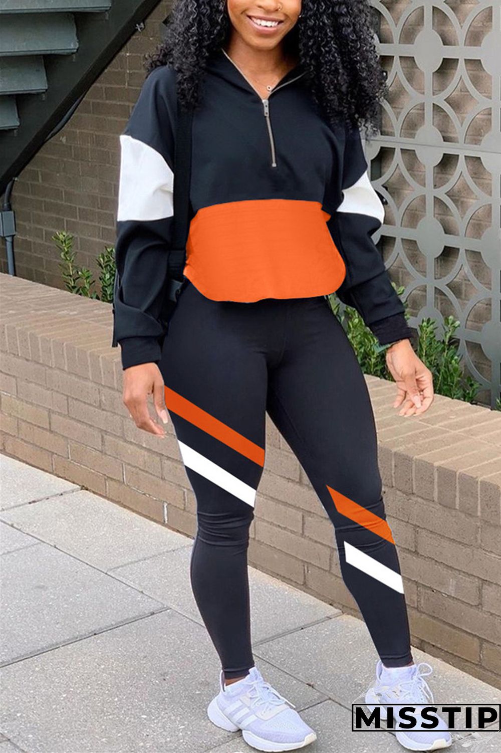 Orange Casual Sportswear Long Sleeve Zipper Collar Regular Sleeve Regular Patchwork Two Pieces