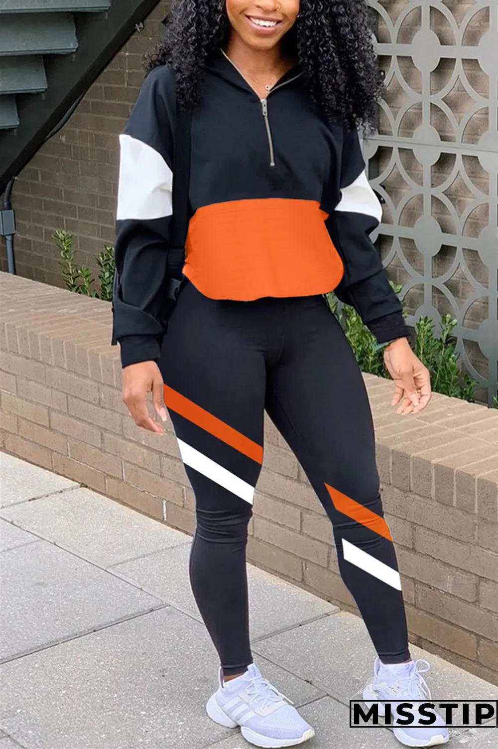 Orange Casual Sportswear Long Sleeve Zipper Collar Regular Sleeve Regular Patchwork Two Pieces