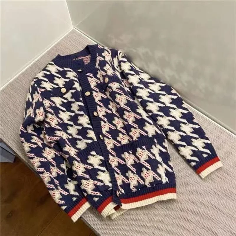 Houndstooth sweater single-breasted cardigan 2021 autumn and winter fashion new coat knitted round neck top women all-match