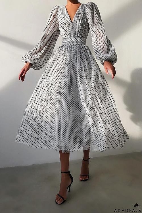 V Neck Puff Sleeve Maxi Dress