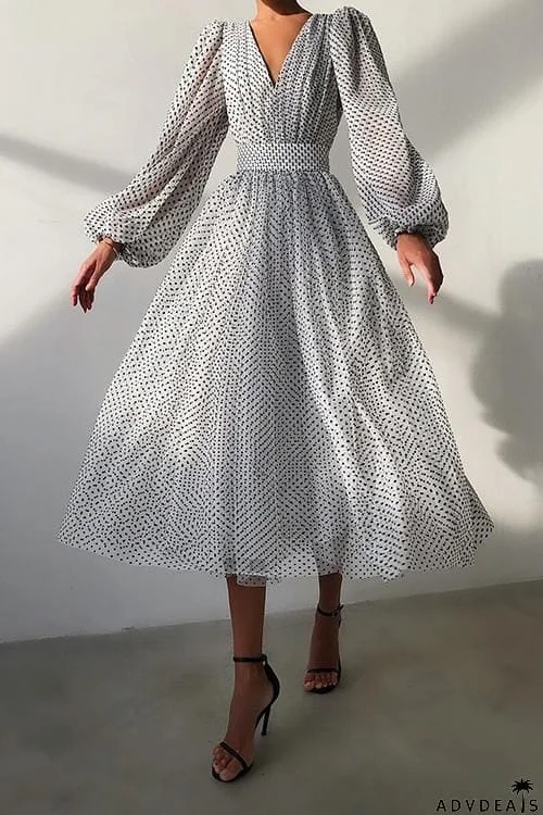 V Neck Puff Sleeve Maxi Dress