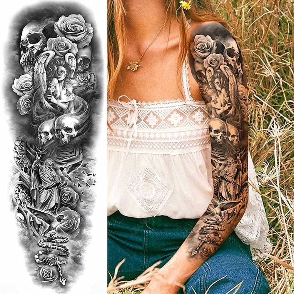 1pc Women Waterproof Temporary Tattoos Stickers Thighs Cool Hipster Skull Mermaid