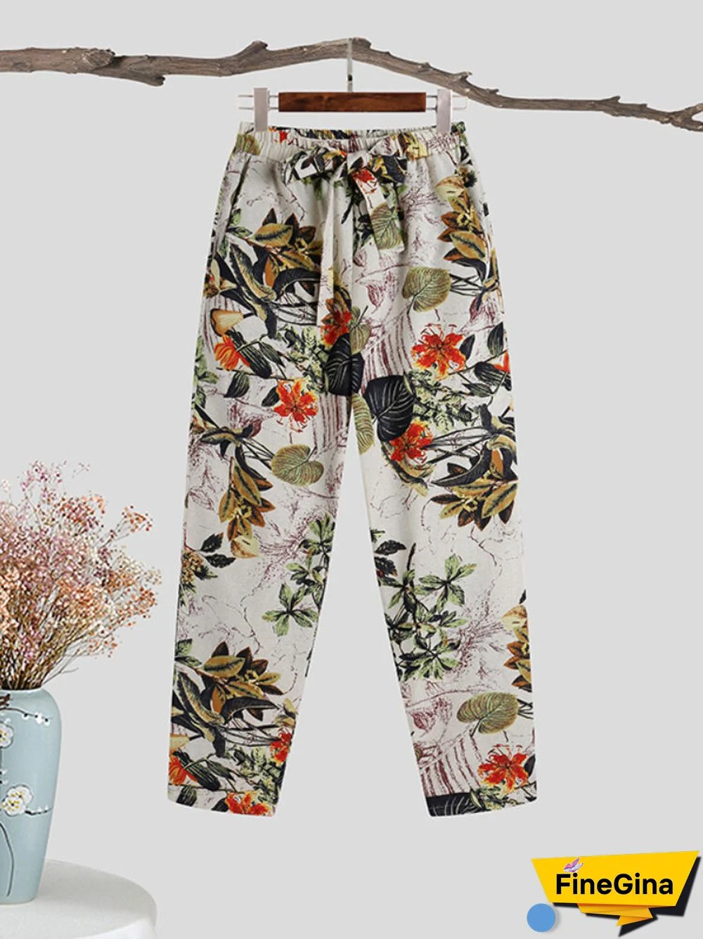 Casual Floral Pattern Elastic Waist Cotton Two-piece Set Suit