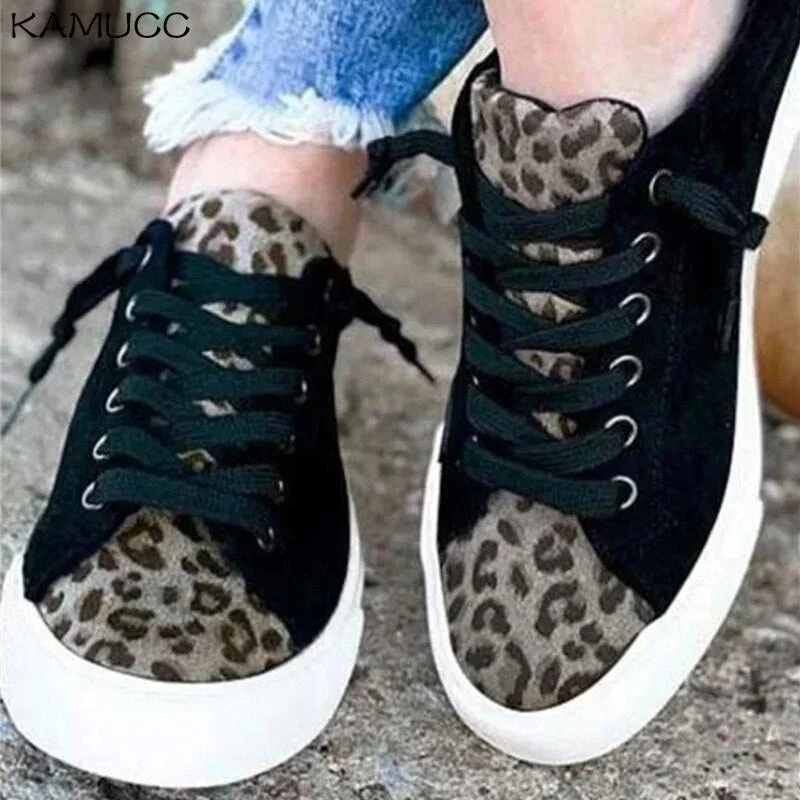 Spring Trendy Sneaker Women 2021 New Arrival Leopard Print Ladies Lace Up Casual Shoes Outdoor Running Walking Comfortable Flats