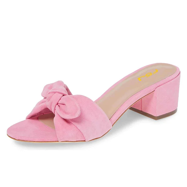 Pink Vegan Suede Knotted Block Heel Mules for Women |FSJ Shoes