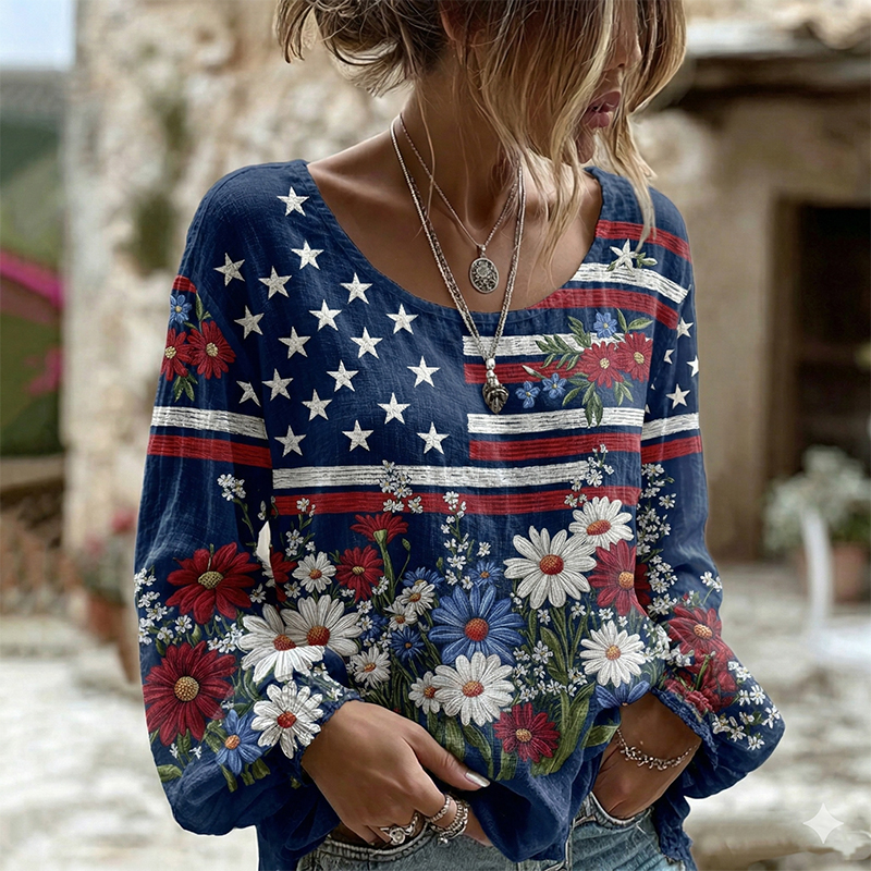 Comstylish Women's Vintage Independence Day Flag Flower Art Print Linen Blend T-shirt