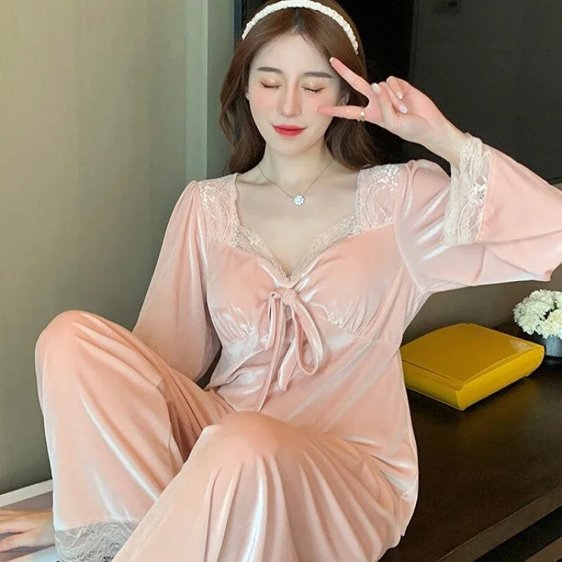 Autumn Winter Velvet Sleepwear Trouser Suits Elegant French Court Style Pajamas Set Pink Loose Velour Home Clothes Loungewear