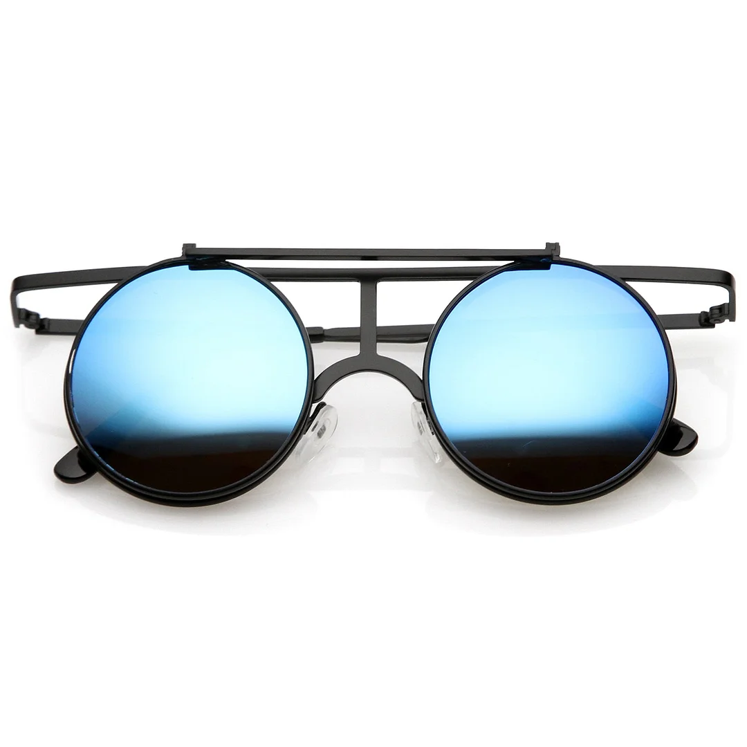 Steampunk Flip Up Cover Flat Top Colored Mirror Clear Lens Round glasses 44mm
