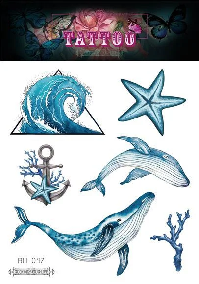 12 Kinds Handpainted Ocean Tattoo Sticker Flower Whale Starfish Turtle Temporary Body Art Disposable Make Up tatouage temporaire