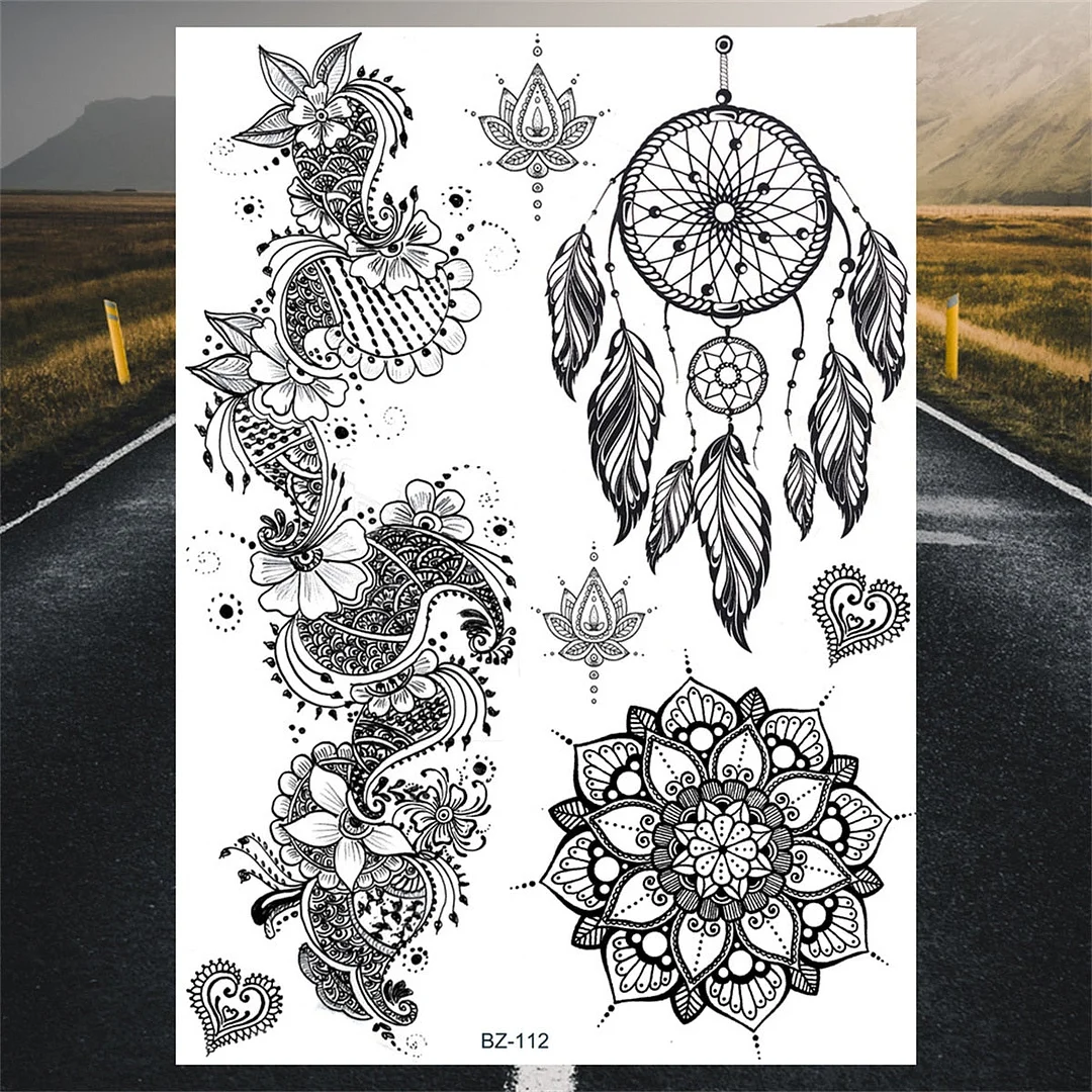 Black Lace Temporary Tattoos For Women Girls Realistic Mandala Henna Flower Fake Tattoo Sticker Foot Body Hena Transfer Tatoos
