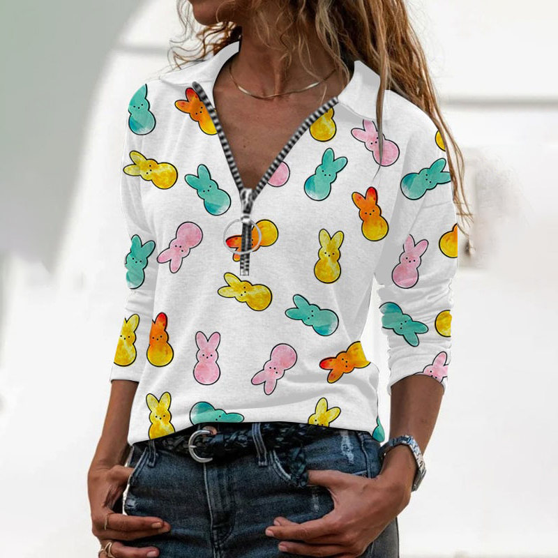 Easter Print V Neck Zip Long Sleeve T-Shirt wearshes