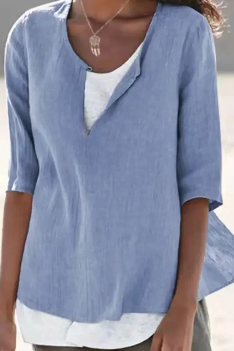 Flycurvy Plus Size Casual Blue Linen 3/4 Sleeve V Neck 2 In 1 Blouse  Flycurvy [product_label]