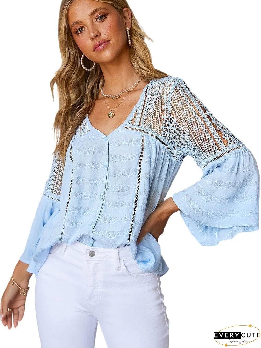 Casual Crochet-Detail Button-Up