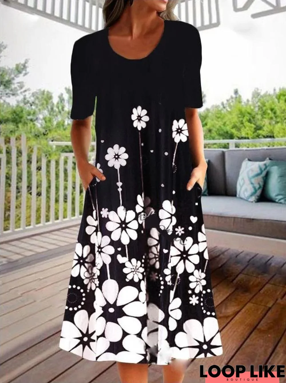 Fashion Personality Retro Floral Print Half Sleeve Dress Black Dresses