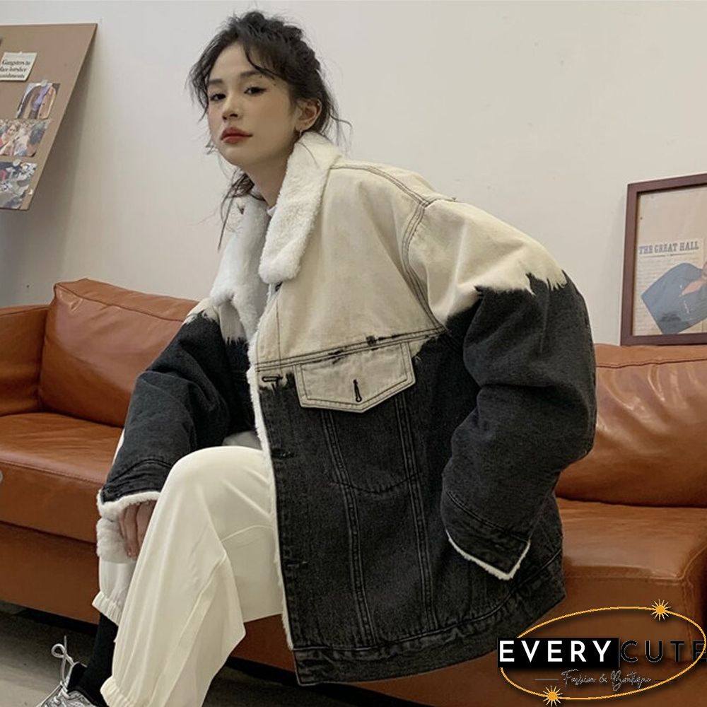 Gradient Thicken Denim Jacket Women Loose Casual Warm Jean Coats Korean Fashion Street Wear Fur Collar Lady Outwear New