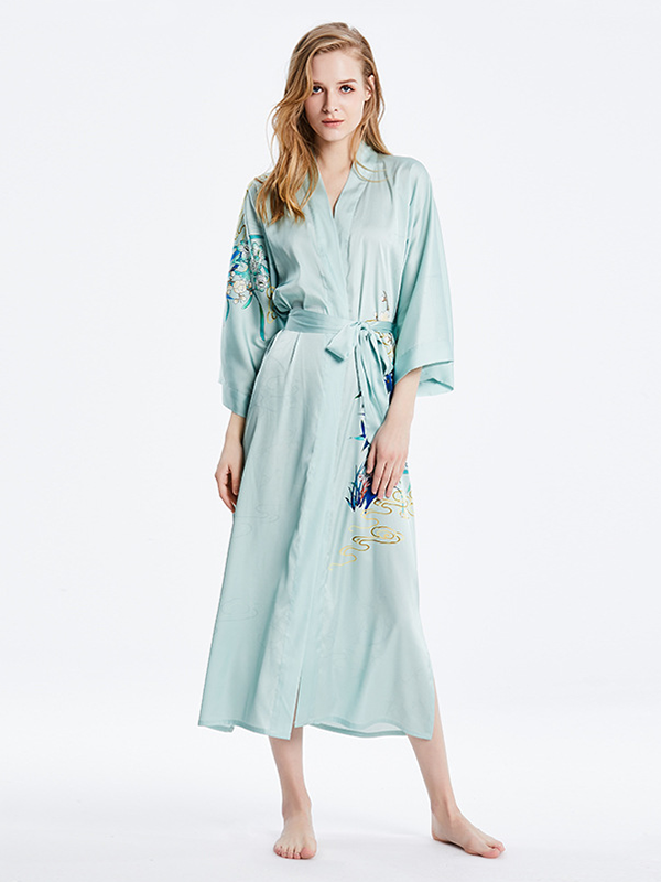 19 MOMME Kimono en soie imprimé floral traditionel vert - grande taille- SOIE PLUS