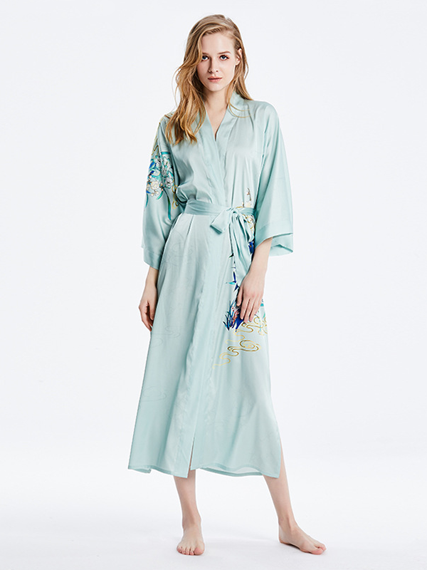19 MOMME Kimono en soie imprimé floral traditionel vert - grande taille-Soie Plus