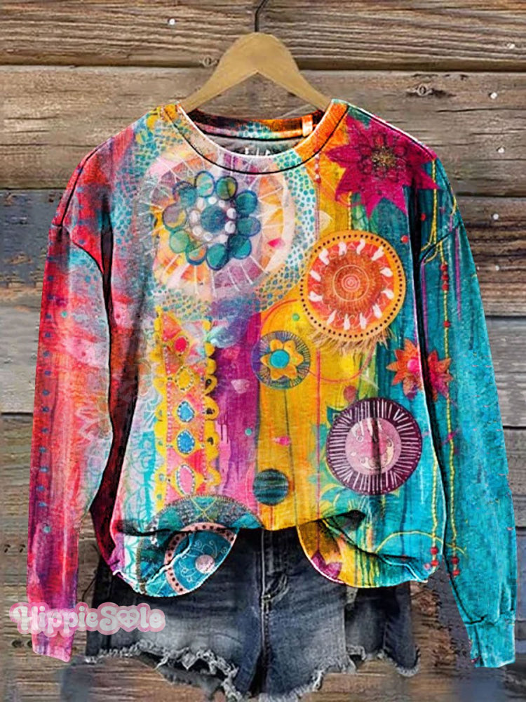 Vintage Love And Peace Flower Art Print Casual Sweatshirt Multicolor / S