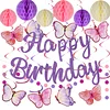 Birthday Decorations, NO DIY, Pre-Strung Happy Birthday Banner with Honeycomb Balls, Hanging Swirls, Circle Dots Garland, Happy Birthday Party Decorations for Women Men Boys Girls (Purple)
