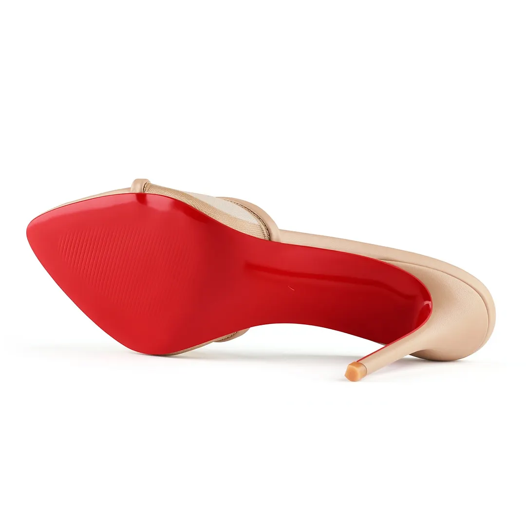 100mm Women's High Heel Red Bottom Sandals, Pointed Toe Open-Toe Mesh Mules with Slip-On Slim Heels