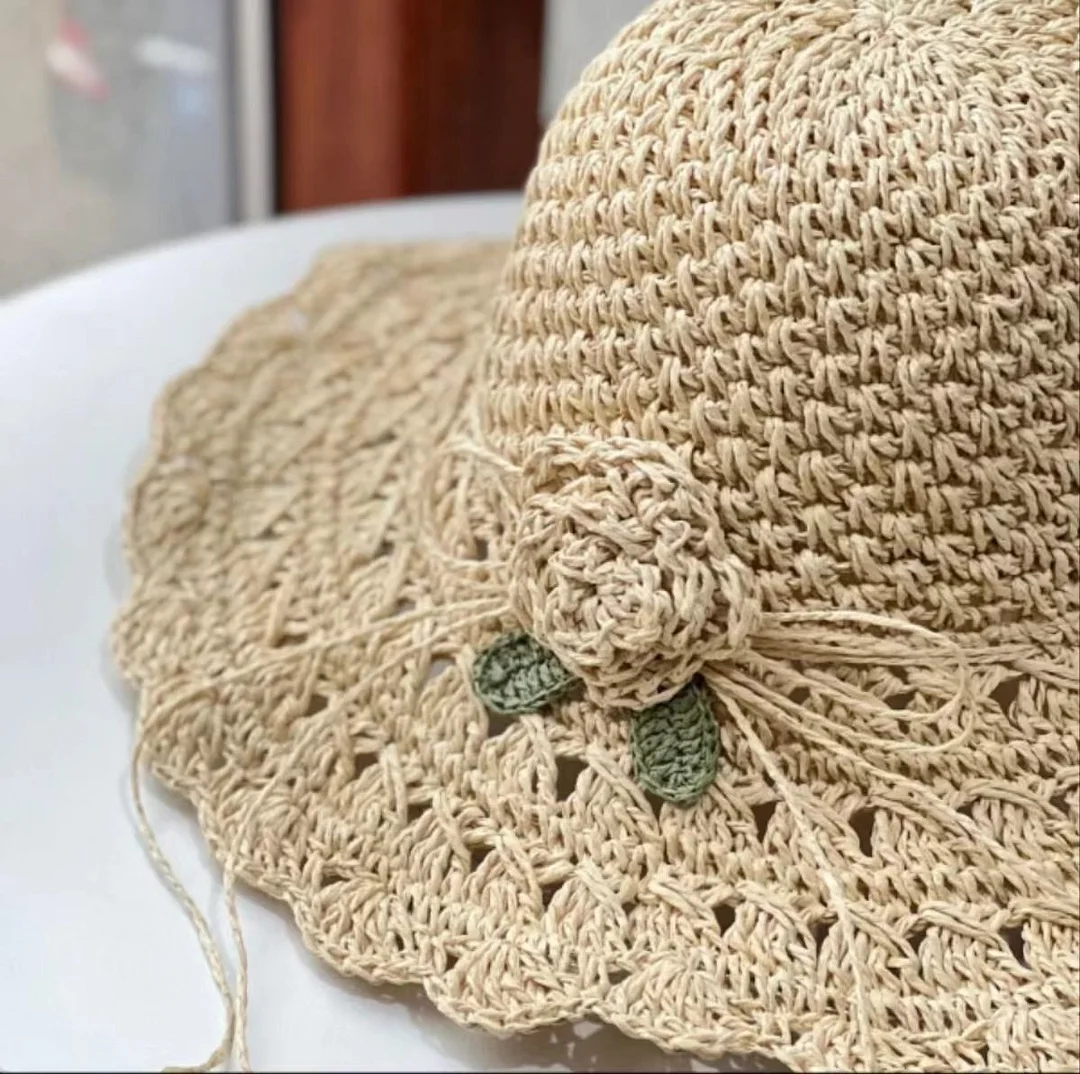 1pcs Trendy Flower Crochet Straw Hat Elegant Solid Color Ruffle