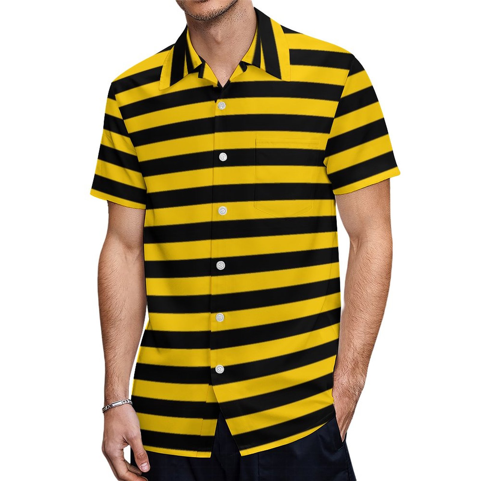 Sweet Bee Yellow And Black Striped Hawaiian Shirt Mens Button Down Plus Size Tropical Hawaii Beach Shirts