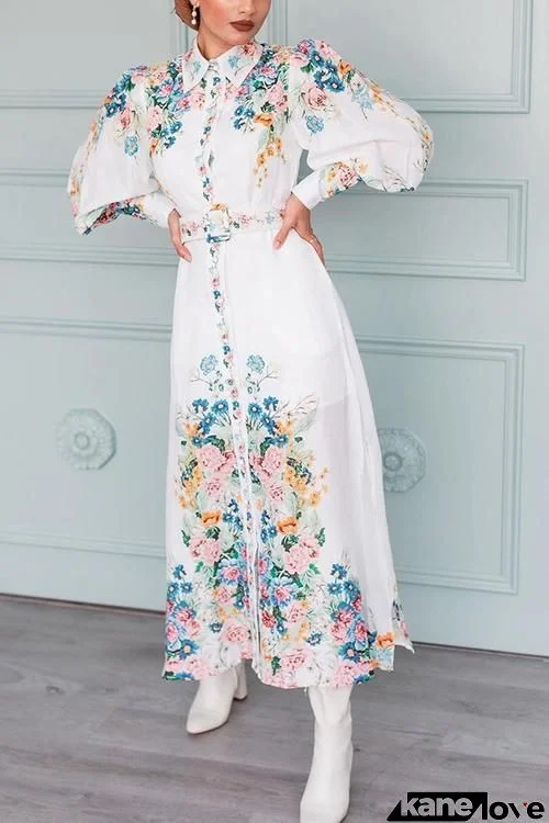 Baroque Floral Print Puff Sleeve Maxi Dress