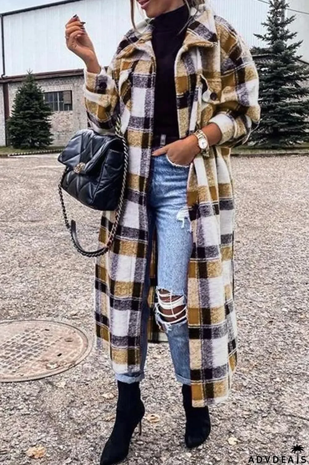 New Fashion Plaid Long Woolen Coat