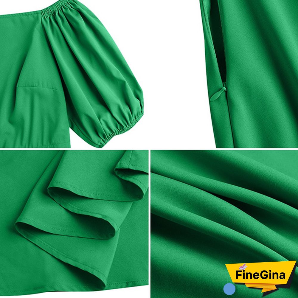 Women Puff Sleeve High Waist Diagonal Shoulder Dress Solid Baggy Swing Dress Maxi Prom Dress
