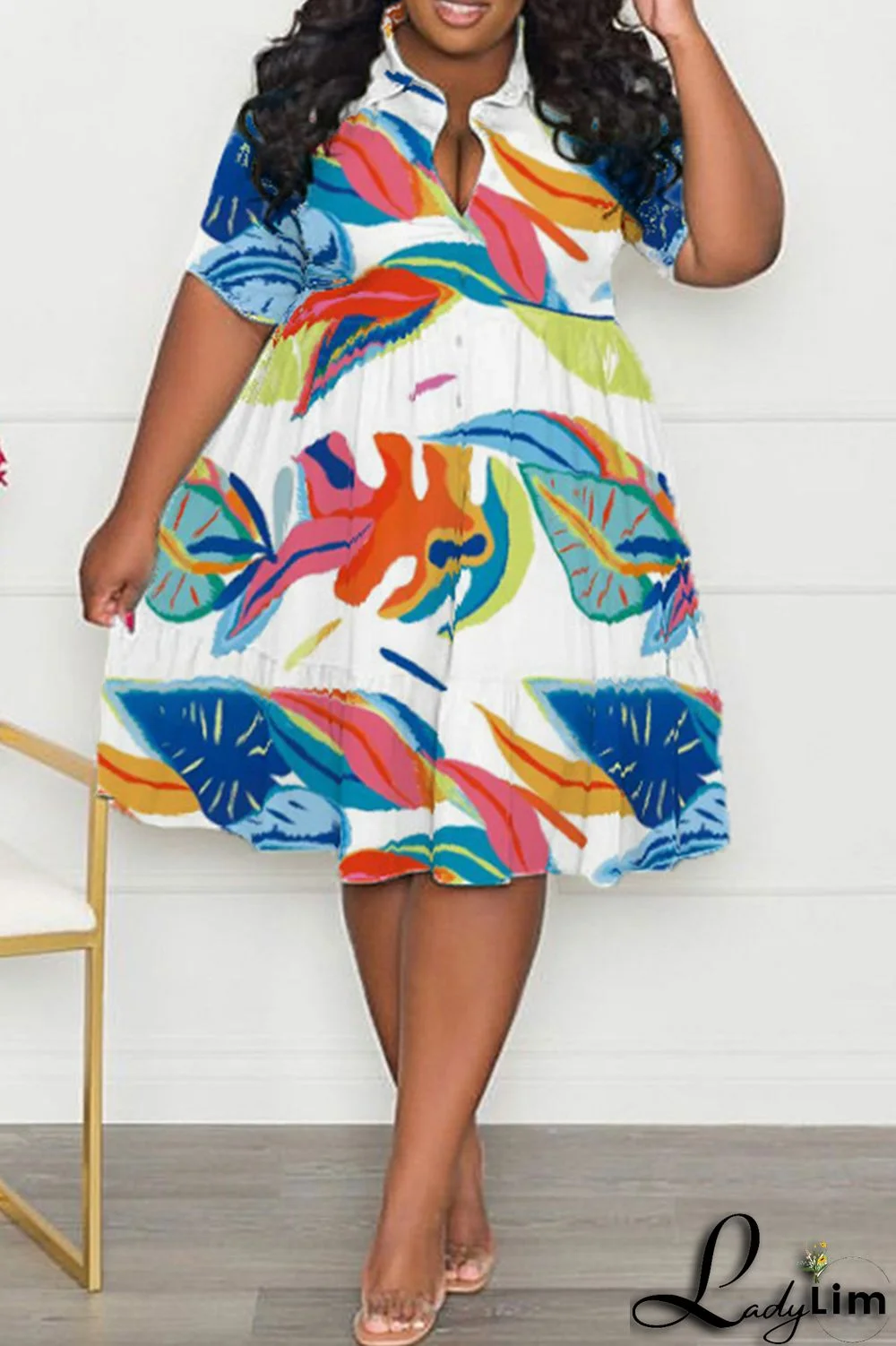 Purple Casual Print Patchwork Fold Turndown Collar A Line Plus Size Dresses