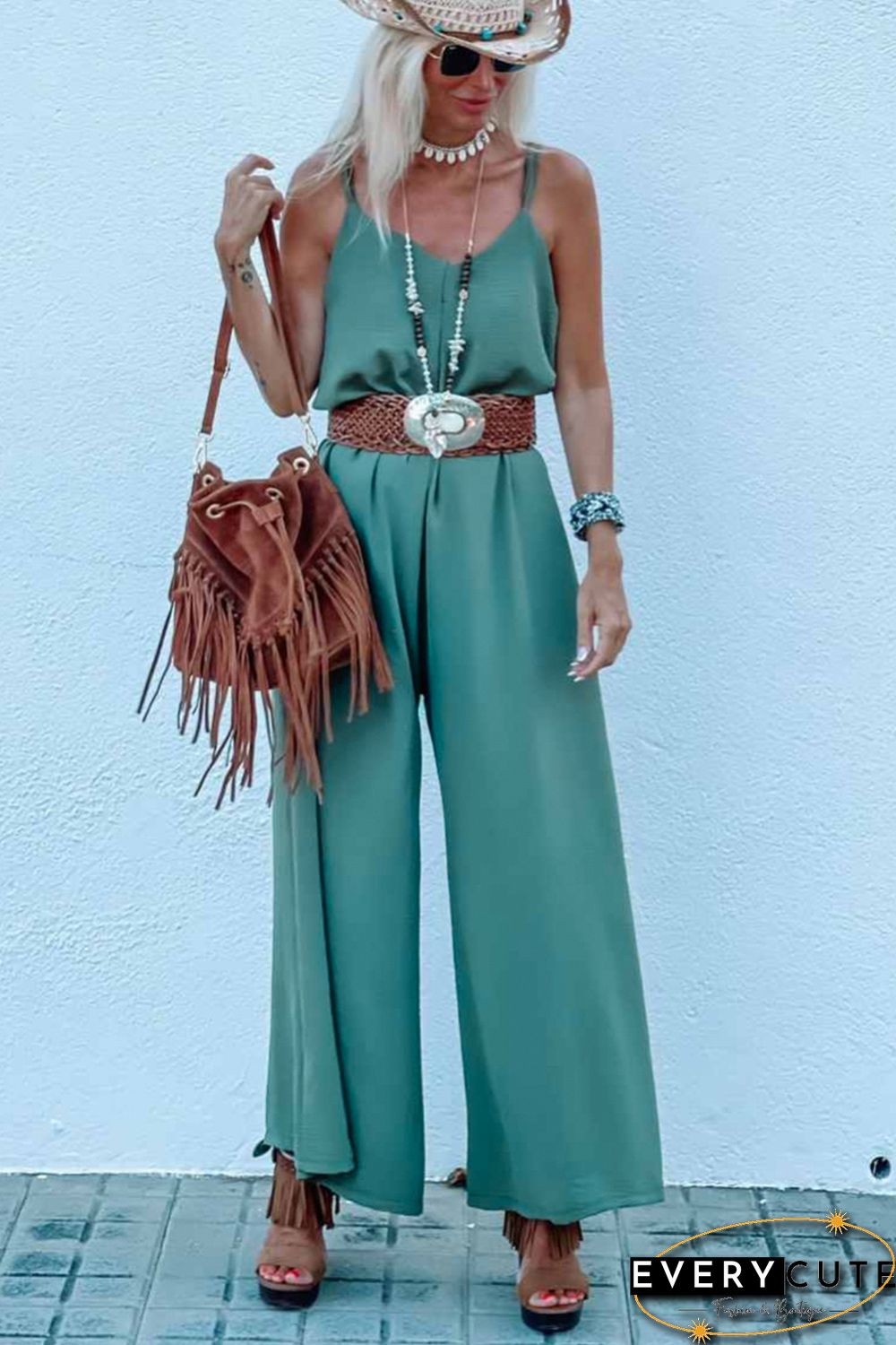 Green Solid Color Spaghetti Straps Wide Leg Jumpsuit