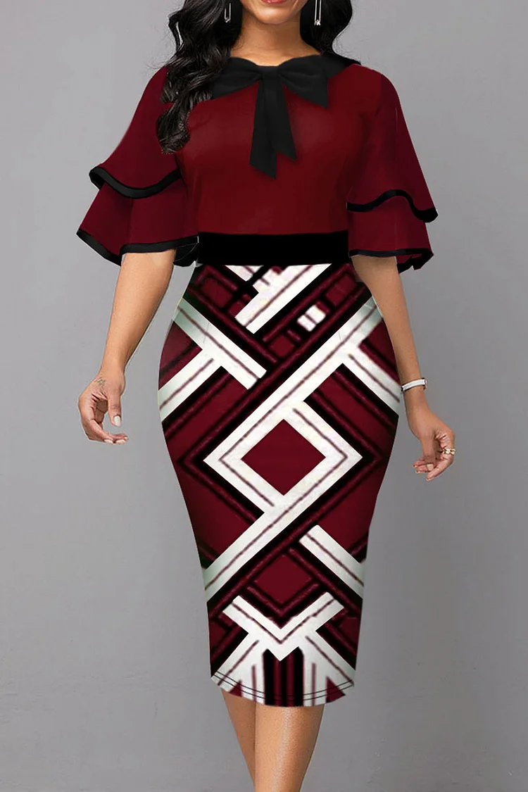 Burgundy Casual Print Patchwork With Bow O Neck One Step Skirt Dresses