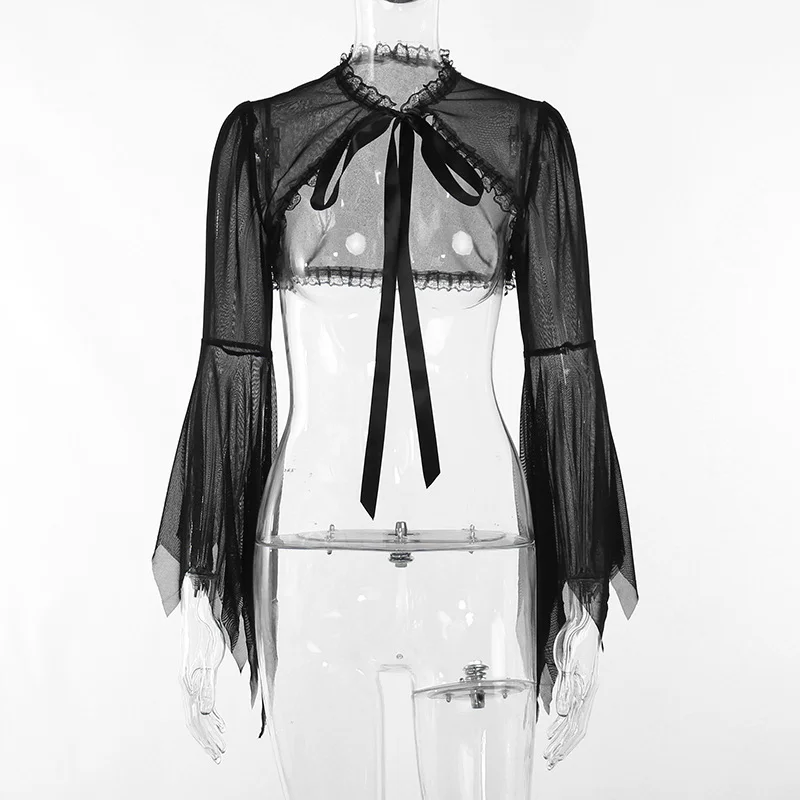 Ueong Dark Style Short-Style Perspective Blouse Women's Lace Spliced Tie-Up Burnt Cuff Blouse From Stock