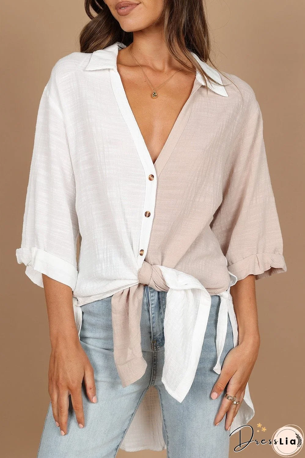 Three-Quarter Sleeve Linen Cotton Blend Top