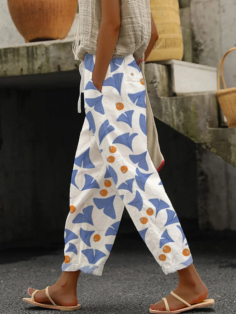 Japanese Ginkgo Biloba Pattern Women's Linen Pants
