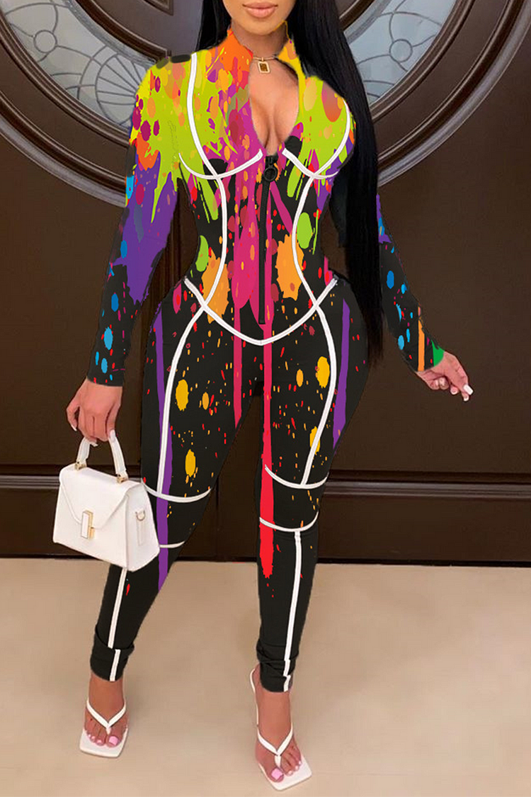 Black Sexy Patchwork Tie-dye Zipper Collar Skinny Jumpsuits