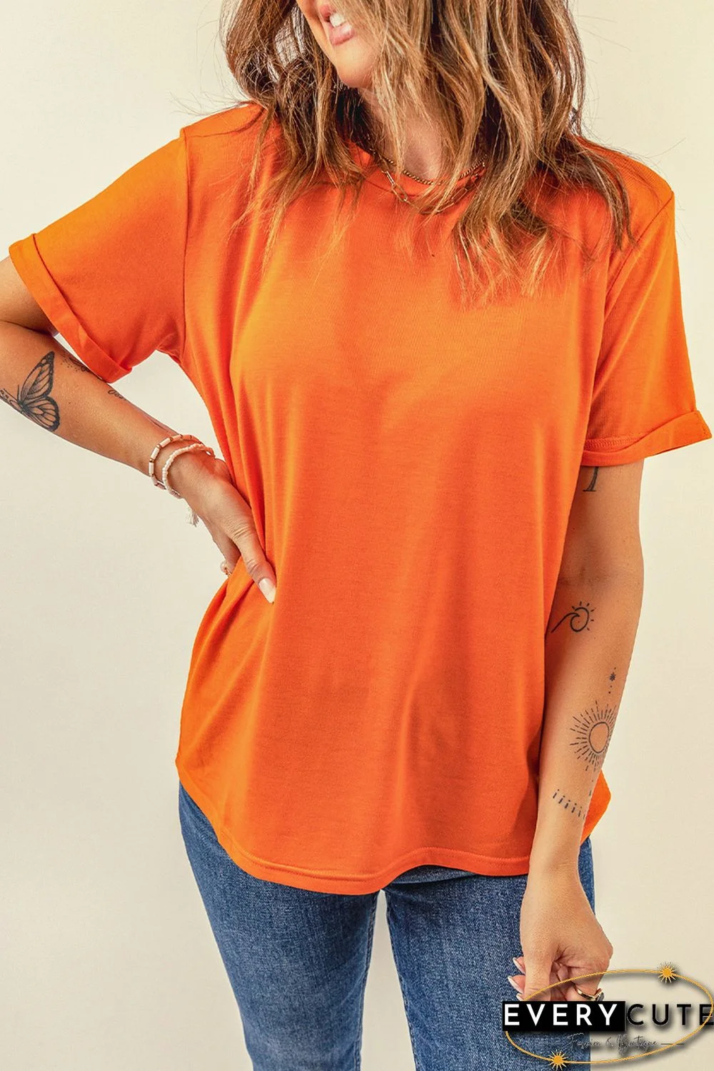 Orange Solid Color Crew Neck Tee