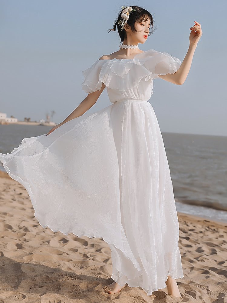 White Sexy Off-Shoulder Dress Chiffon Dress Bohemia Retro Vintage Cottagecore Aesthetic Flowy Victoria Cottage Core Boho Dress