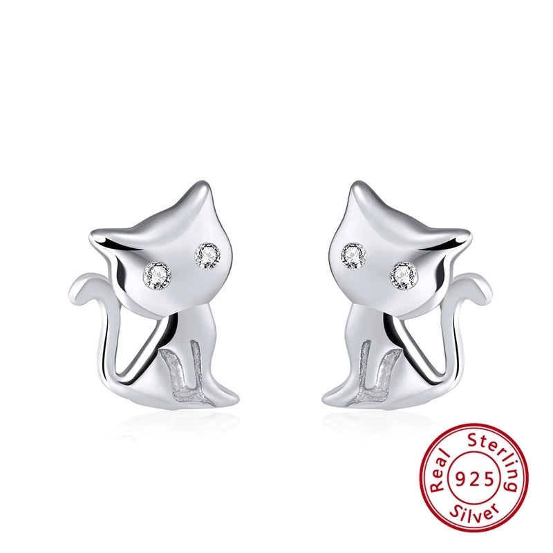 1 Pair 925 Sterling Silver Zircon Cat Ear Studs