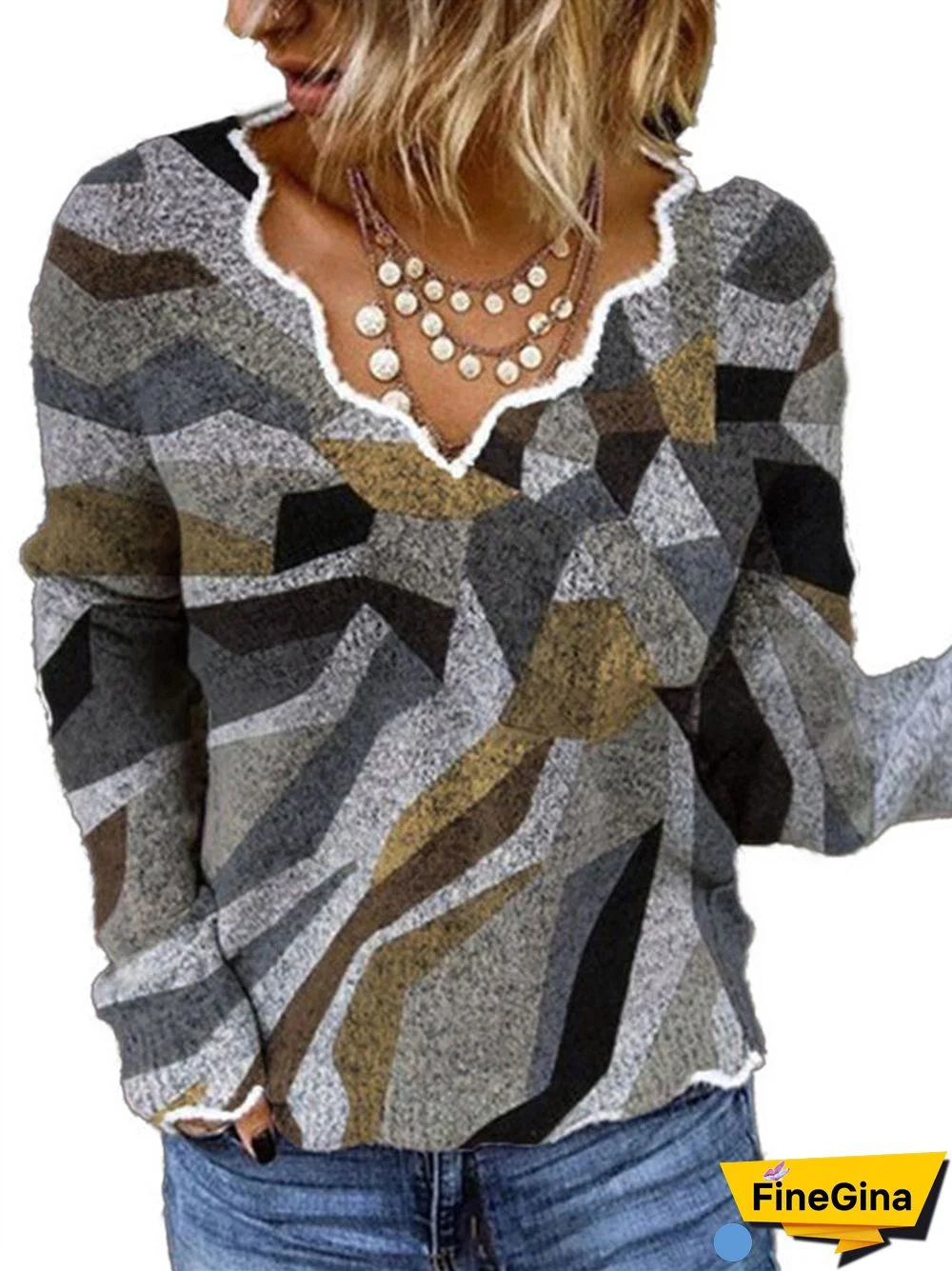 Women's Graphic Printed Long Sleeve V-neck Top