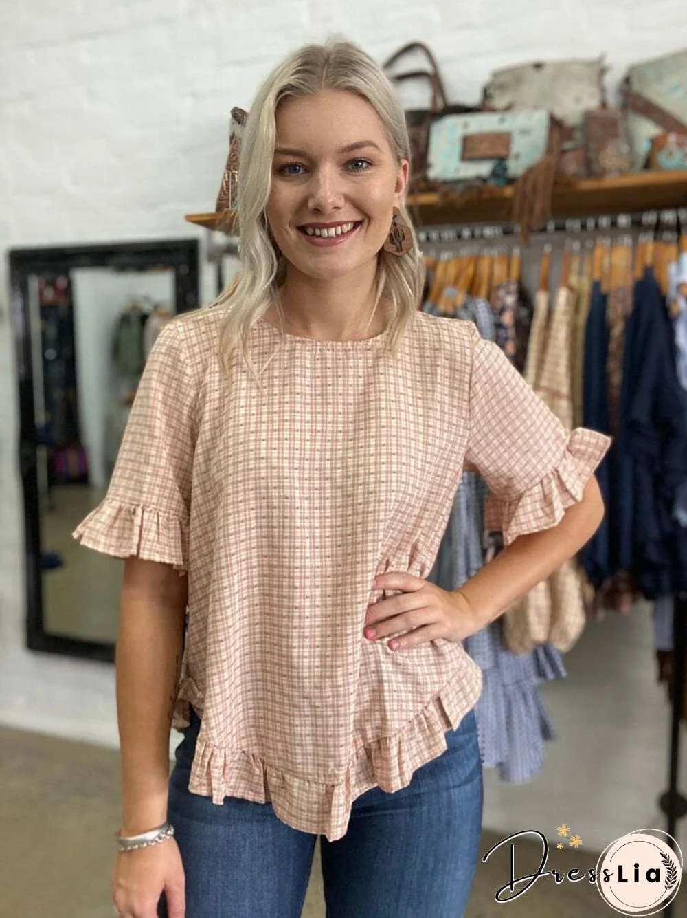 New Round Neck Women's Shirt With Turtleneck And Trumpet Sleeves Spliced Short Sleeve Plaid Jacquard Casual Jacket Tops Tees