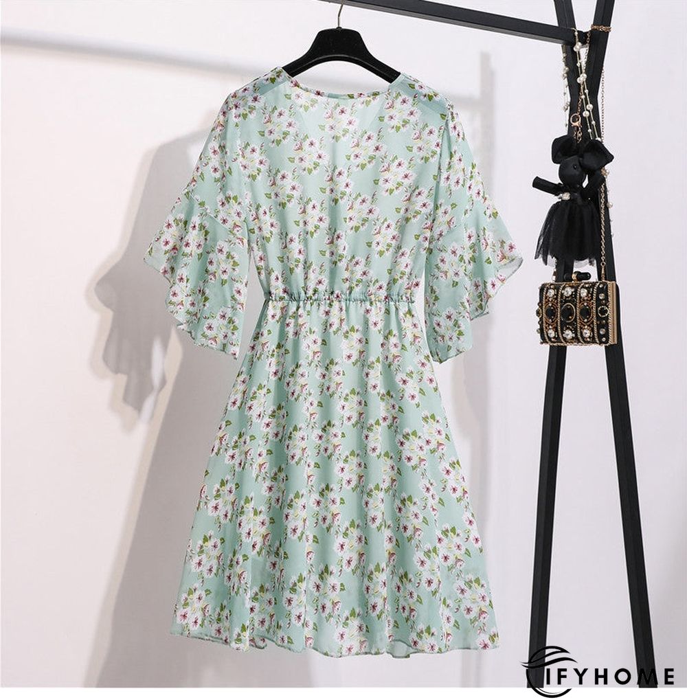 Spring Summer Chiffon Women V-Neck Floral Print Short Dresses Sweet Ruffle Sleeeve Slim Drawstring Ladies Dress | IFYHOME
