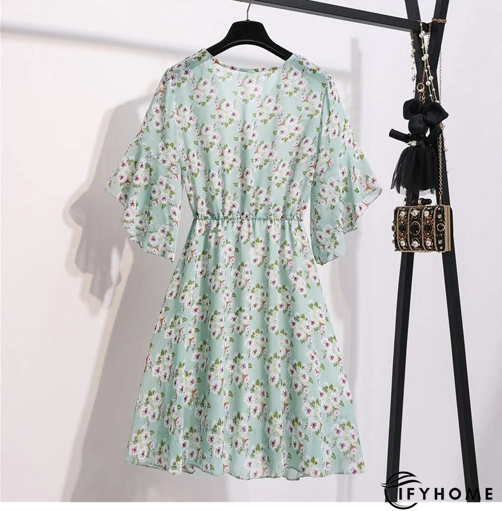 Spring Summer Chiffon Women V-Neck Floral Print Short Dresses Sweet Ruffle Sleeeve Slim Drawstring Ladies Dress | IFYHOME