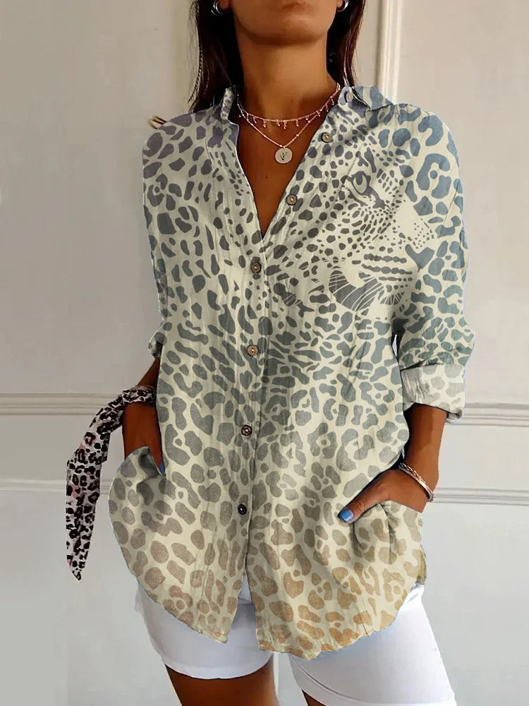 Vintage Leopard Print Casual Long Sleeve Shirt