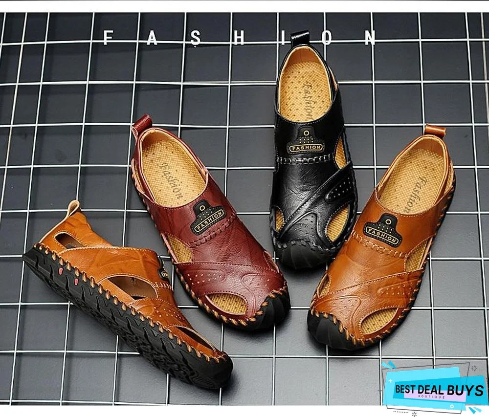 Men's Leather Beach Sandals Outdoor Breathable Casual Footwear Walking Sandals