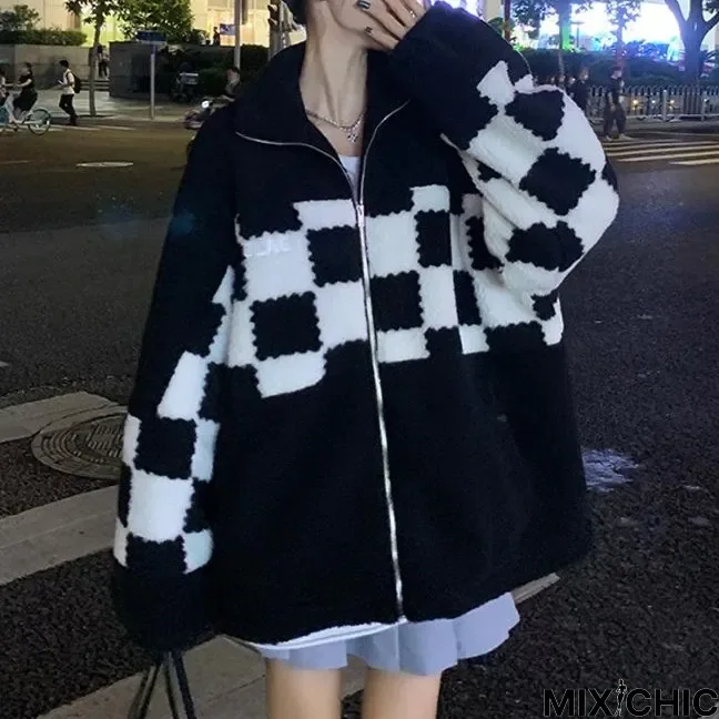 Imitation Lamb Wool Plaid Coat Female