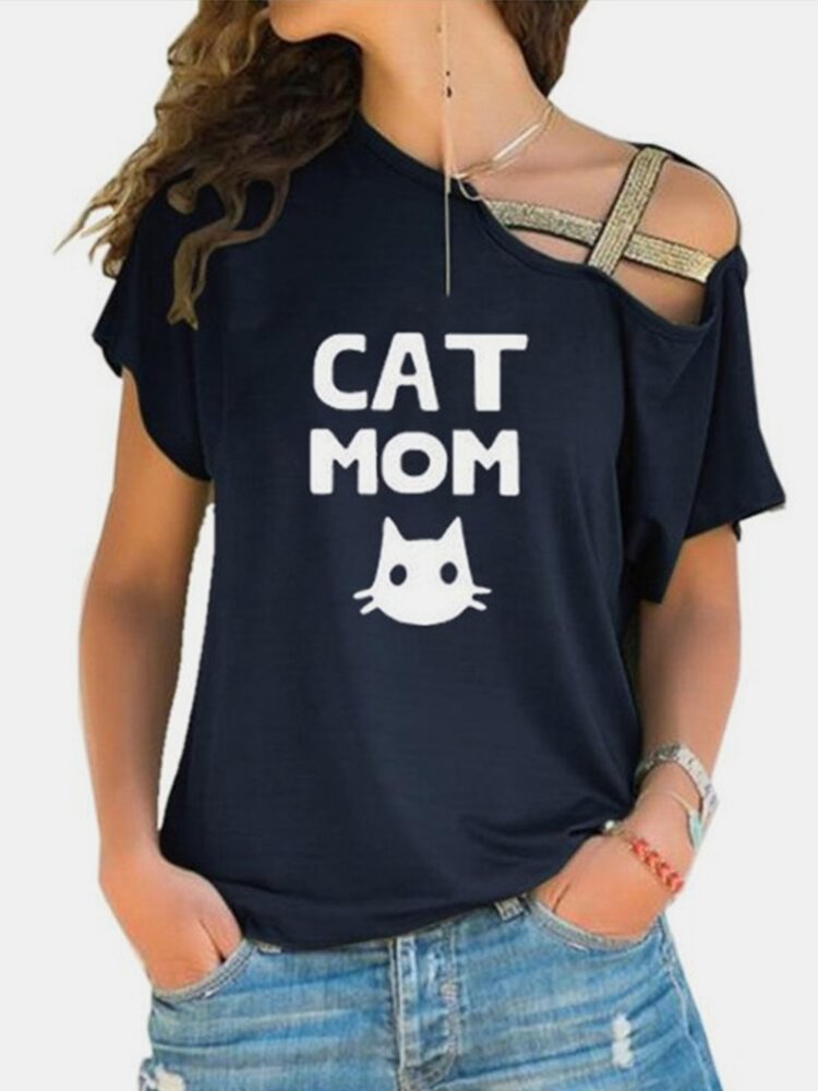 Cat Letter Print Cold Shoulder Short Sleeve T shirt For Women P1666992