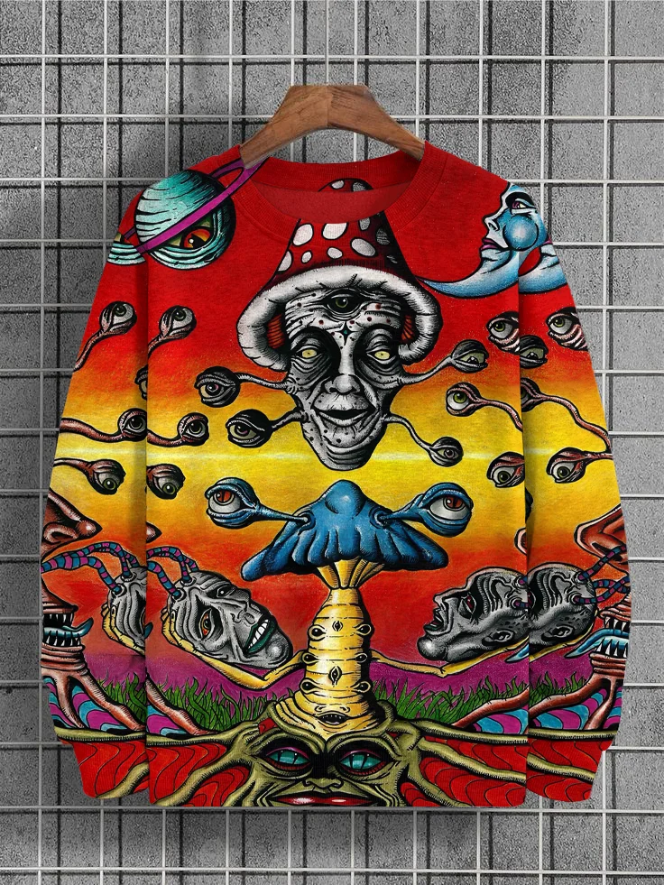 Men's Halloween Monster Planet Mushroom Hippie Art Print Casual Sweatshirt